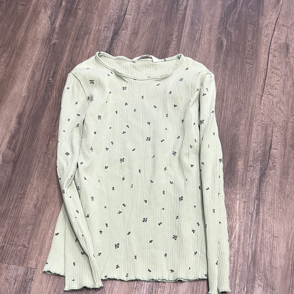 H&M Pale Mint Ribbed Long-Sleeve Top with Tiny Black Floral Motif